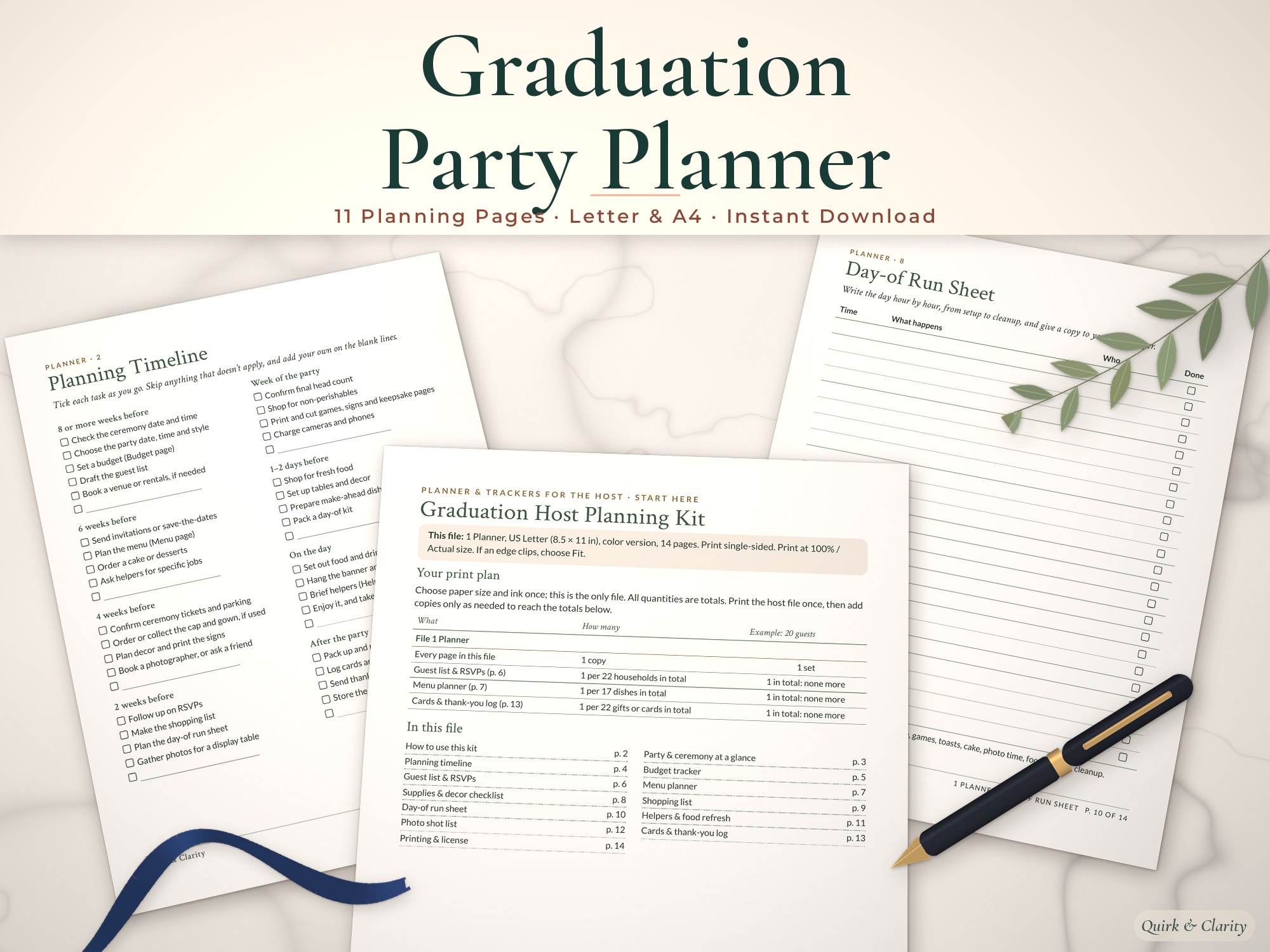 Graduation party planner mockup: Planning Timeline, Graduation Host Planning Kit, Day-of Run Sheet pages fanned on a styled tabletop