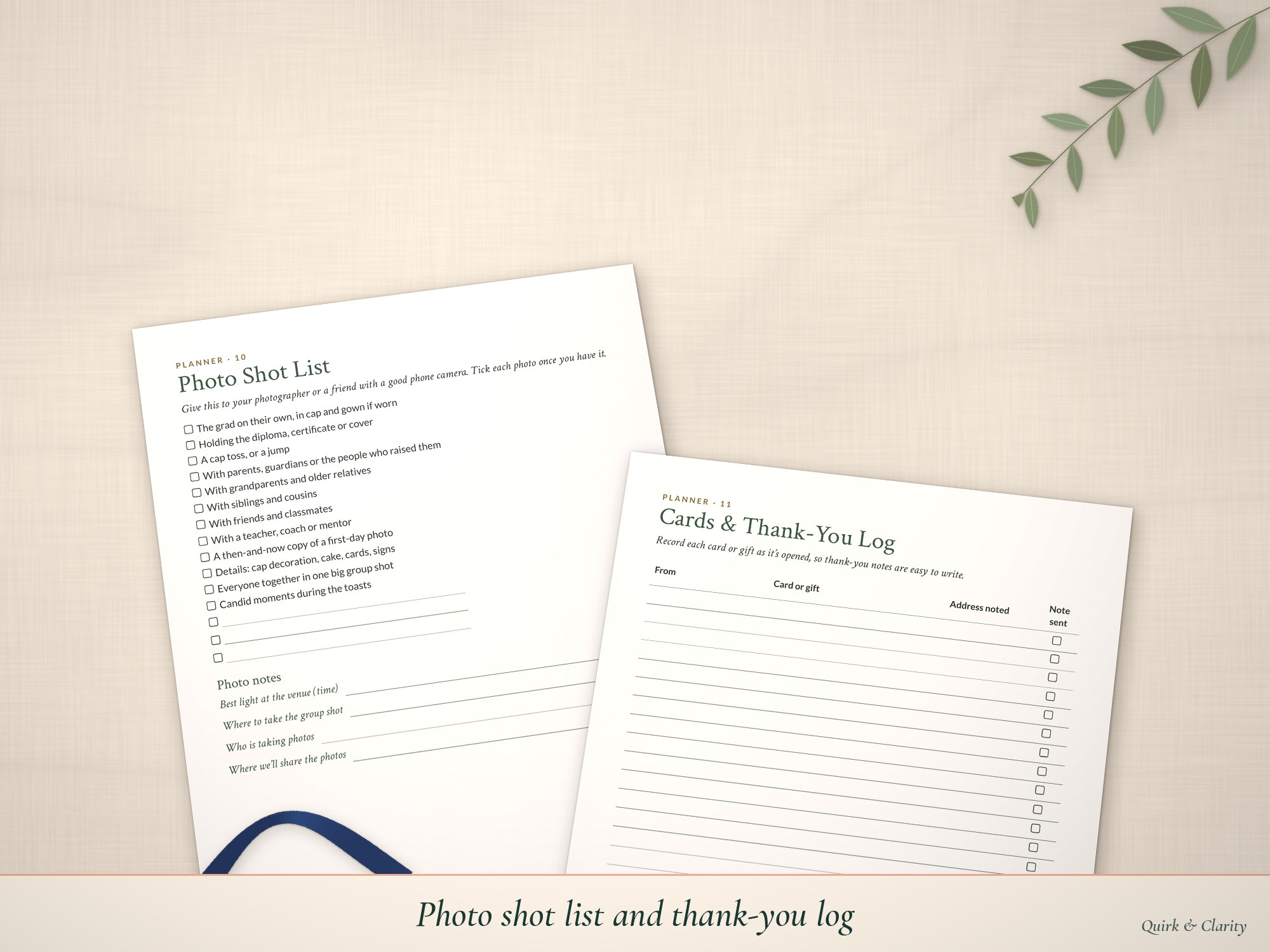 Photo shot list and cards & thank-you log pages