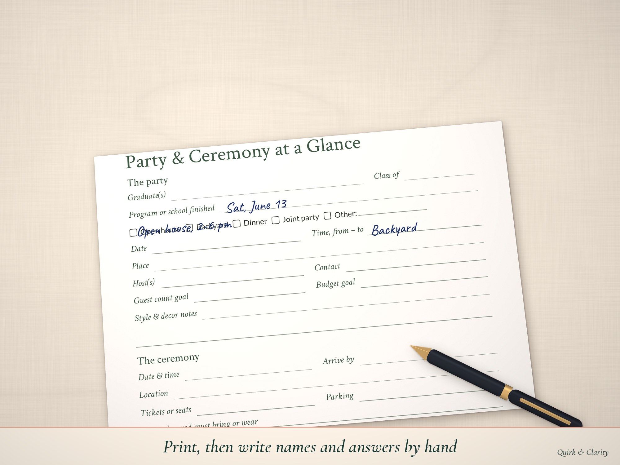 At a Glance page partly filled in by hand