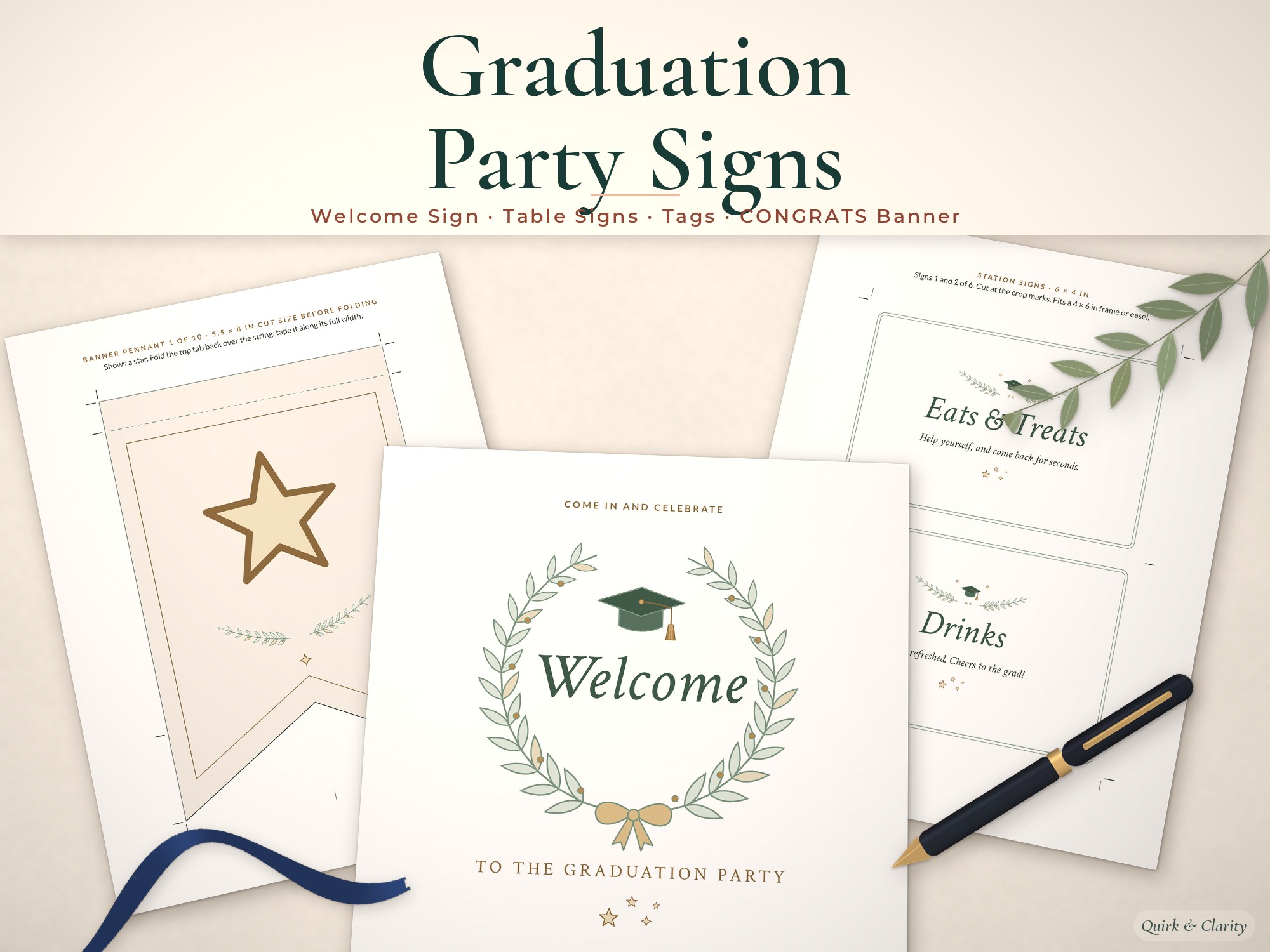 Graduation party sign printables mockup: Banner pennant, Class of Welcome, Eats & Treats pages fanned on a styled tabletop