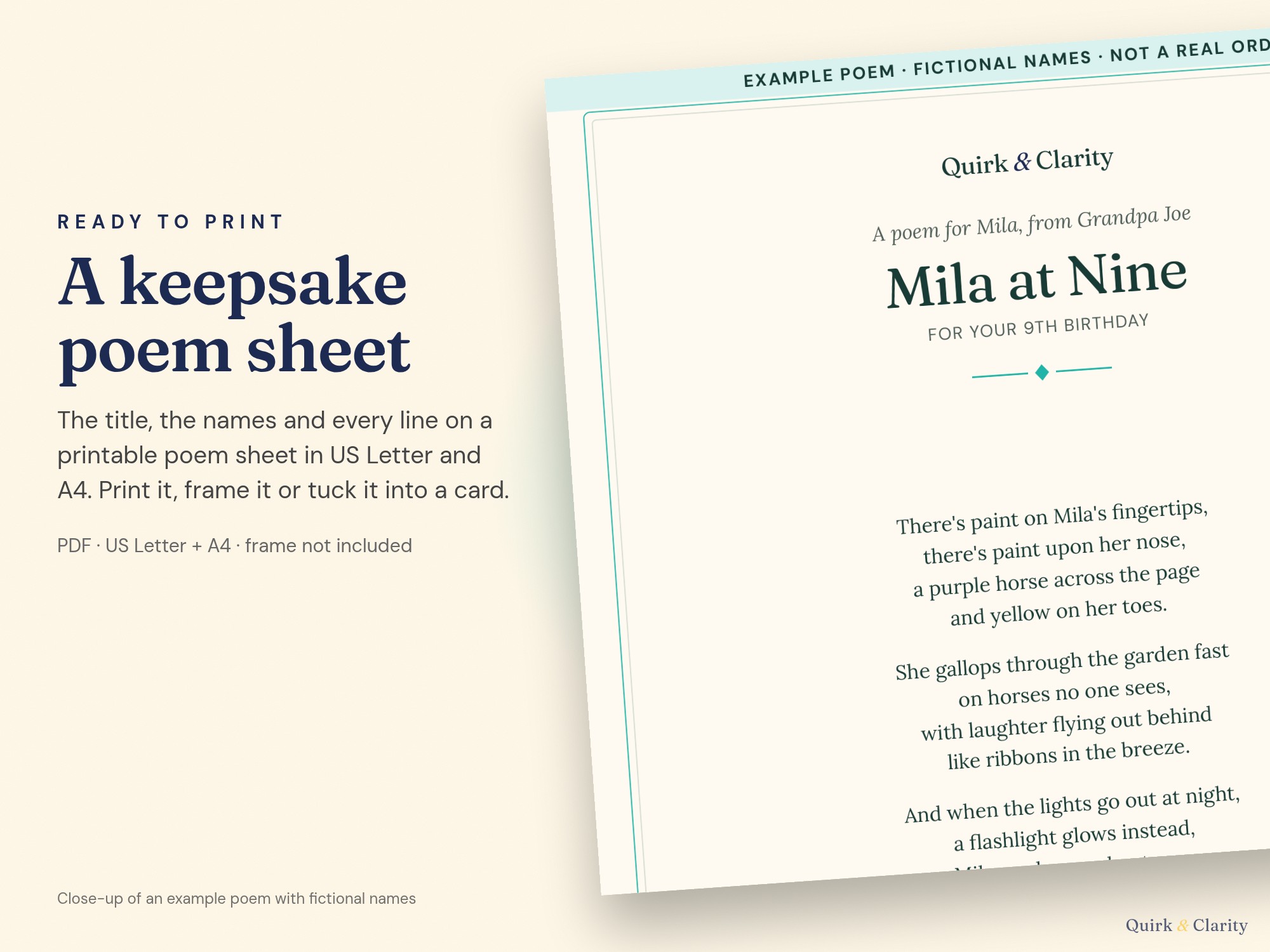 Close-up of an example Quirk & Clarity poem sheet (US Letter and A4 in one PDF) with fictional names