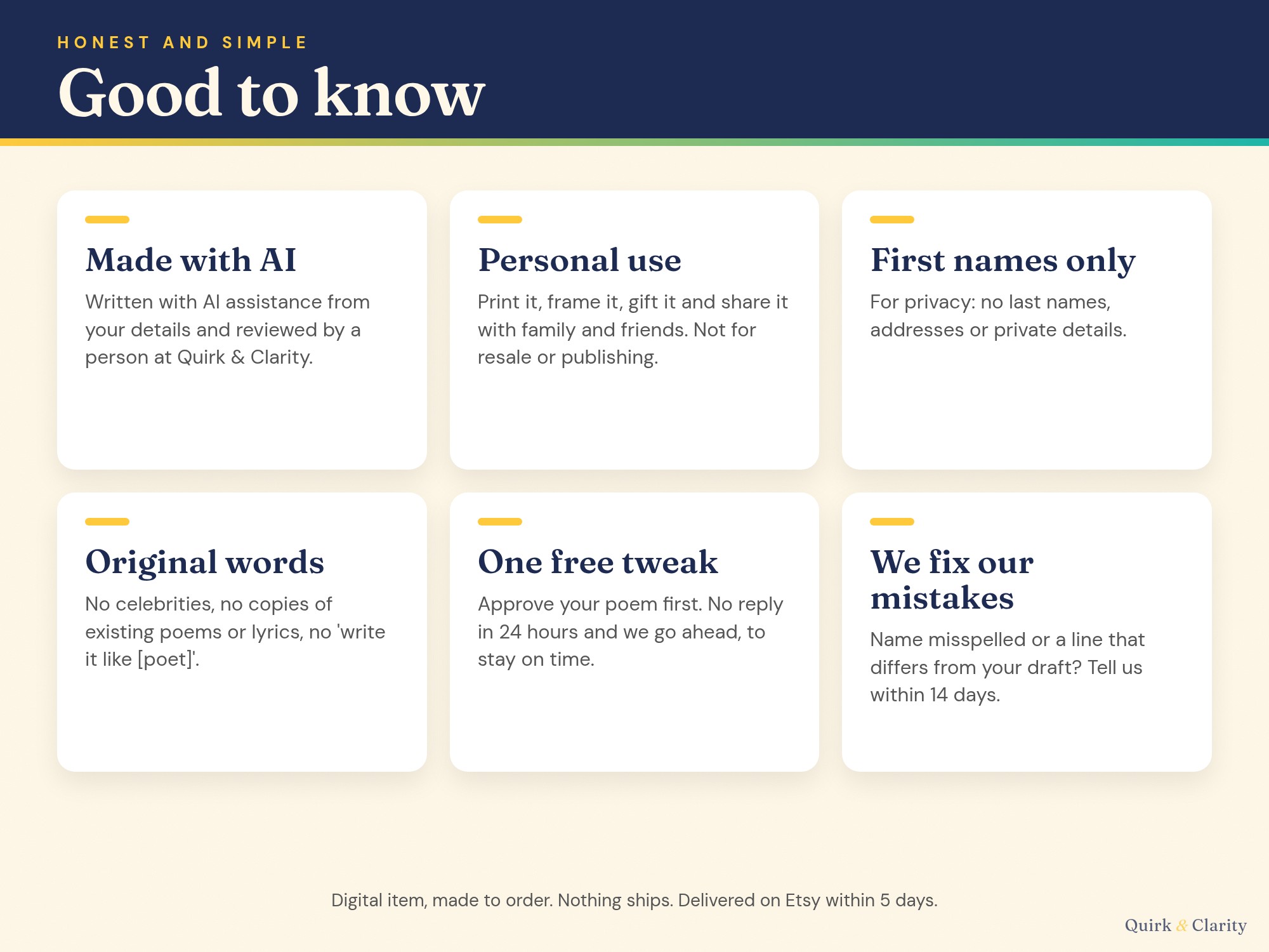 Good to know: written with AI assistance and reviewed by a person, personal use, first names only, one free tweak