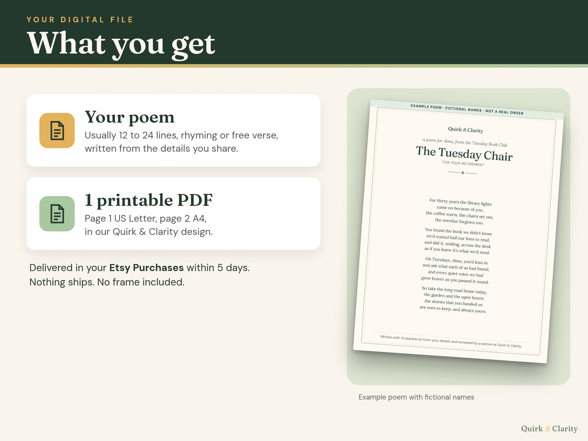What you get: one printable poem PDF with a US Letter page and an A4 page, example with fictional names