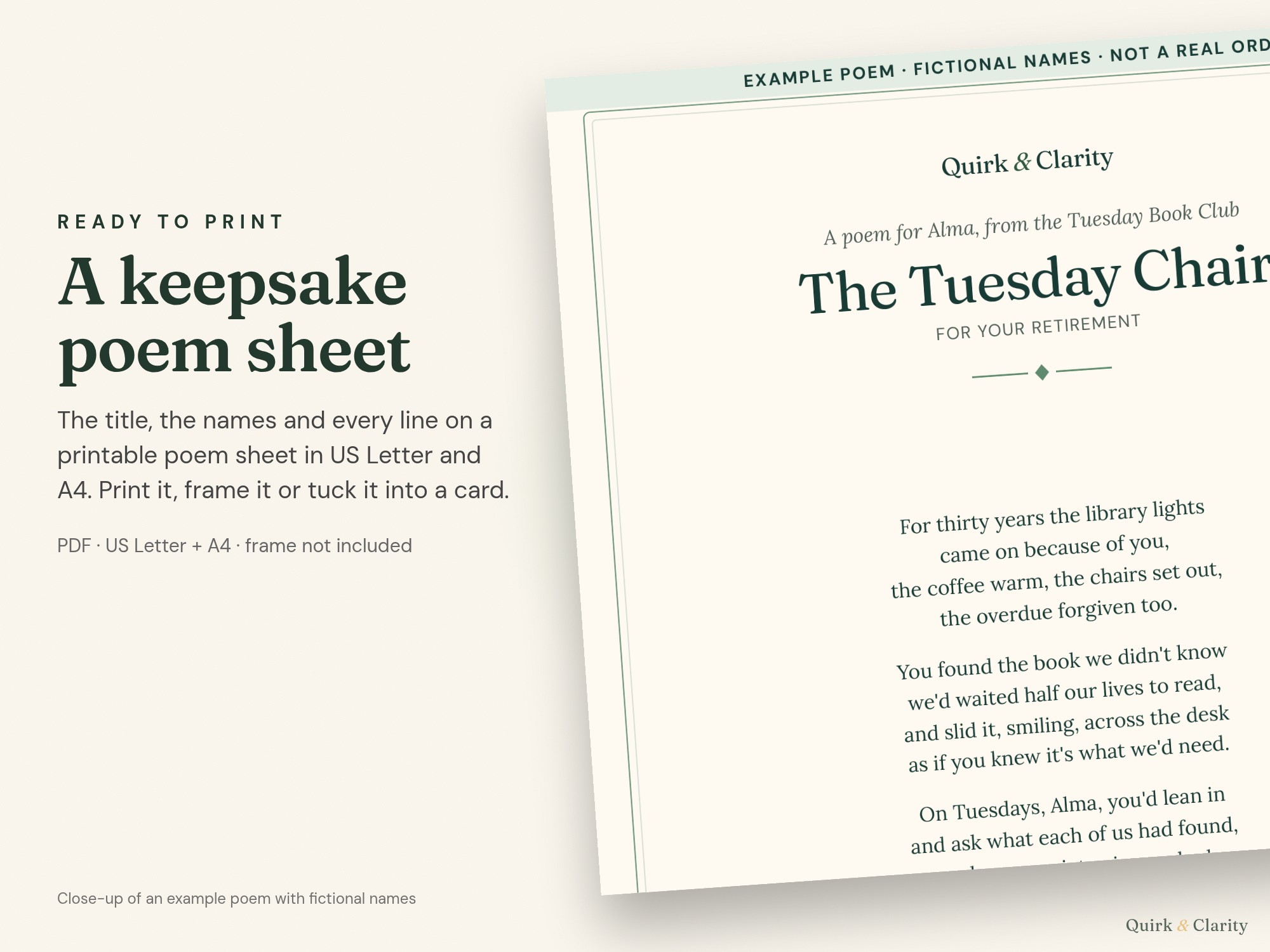 Close-up of an example Quirk & Clarity poem sheet (US Letter and A4 in one PDF) with fictional names