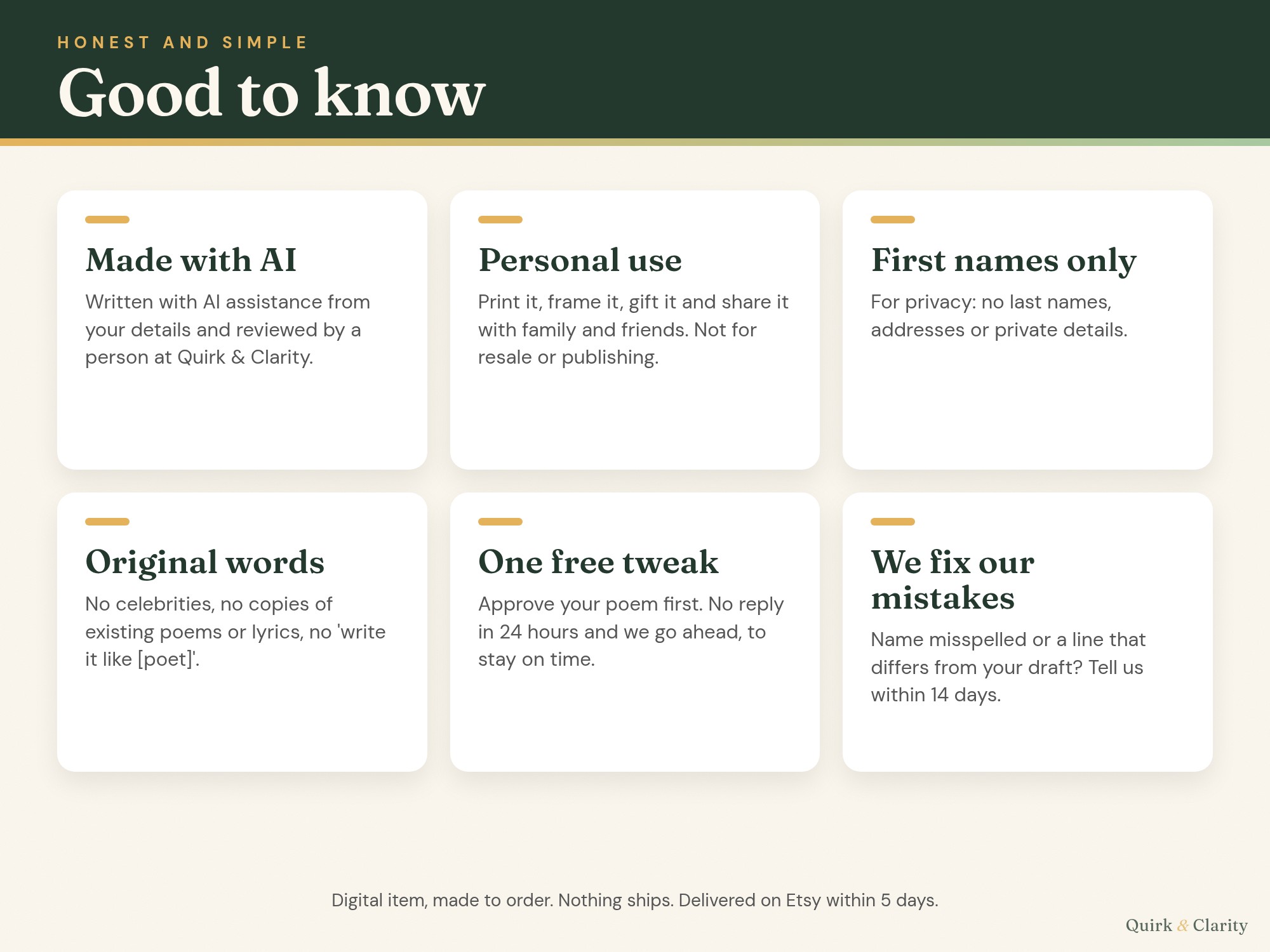 Good to know: written with AI assistance and reviewed by a person, personal use, first names only, one free tweak