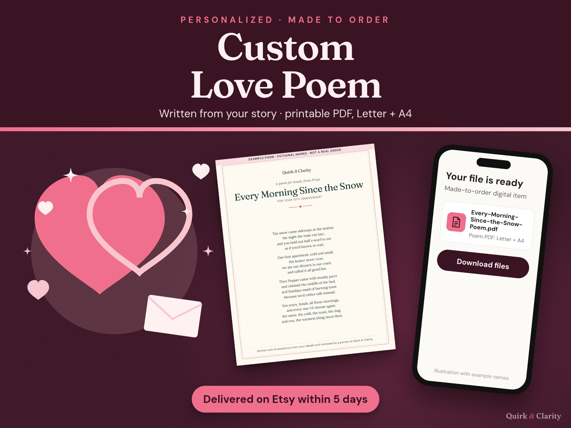Custom Love Poem: personalized poem written from your story, delivered as a printable PDF in US Letter and A4