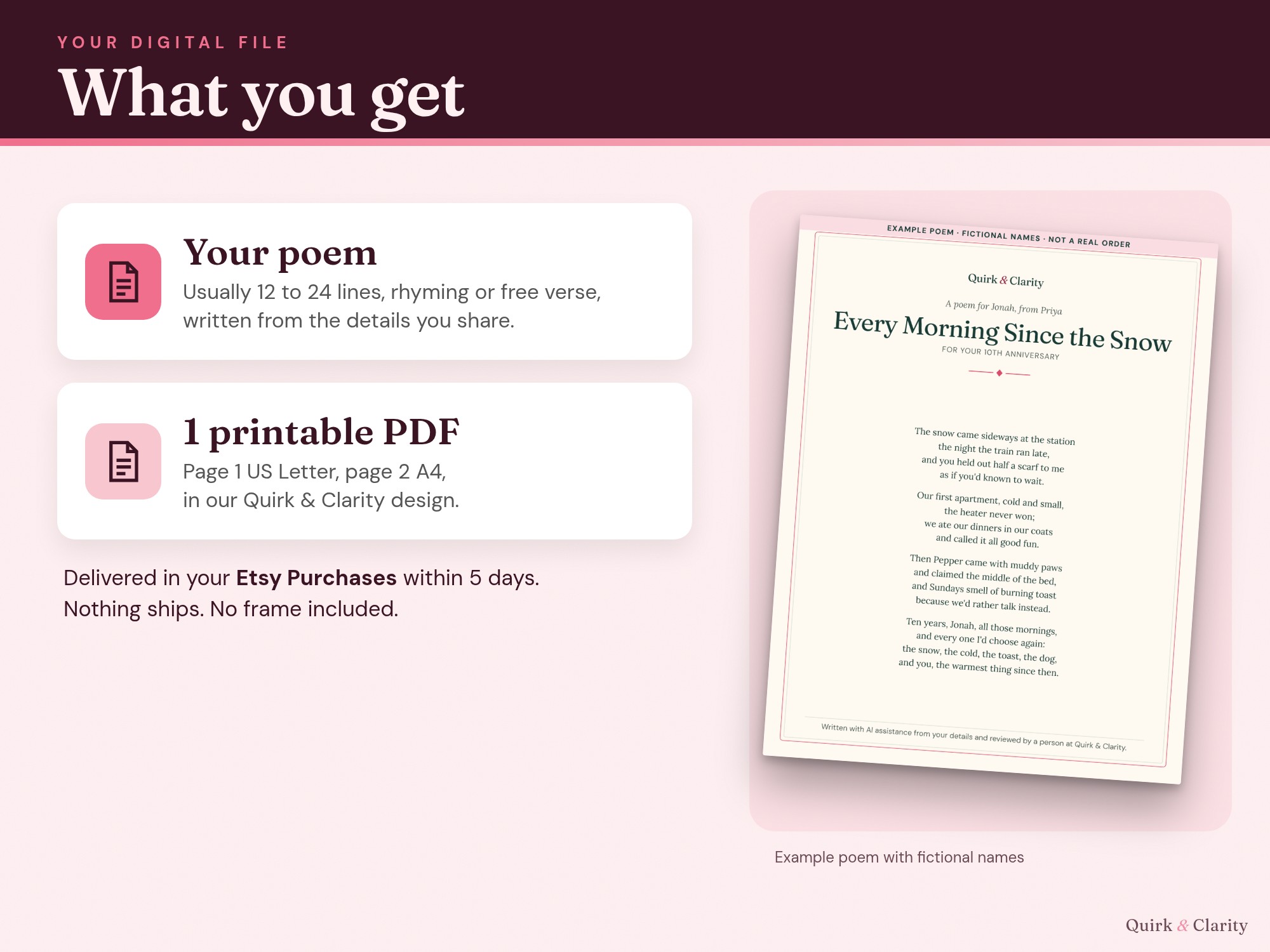 What you get: one printable poem PDF with a US Letter page and an A4 page, example with fictional names