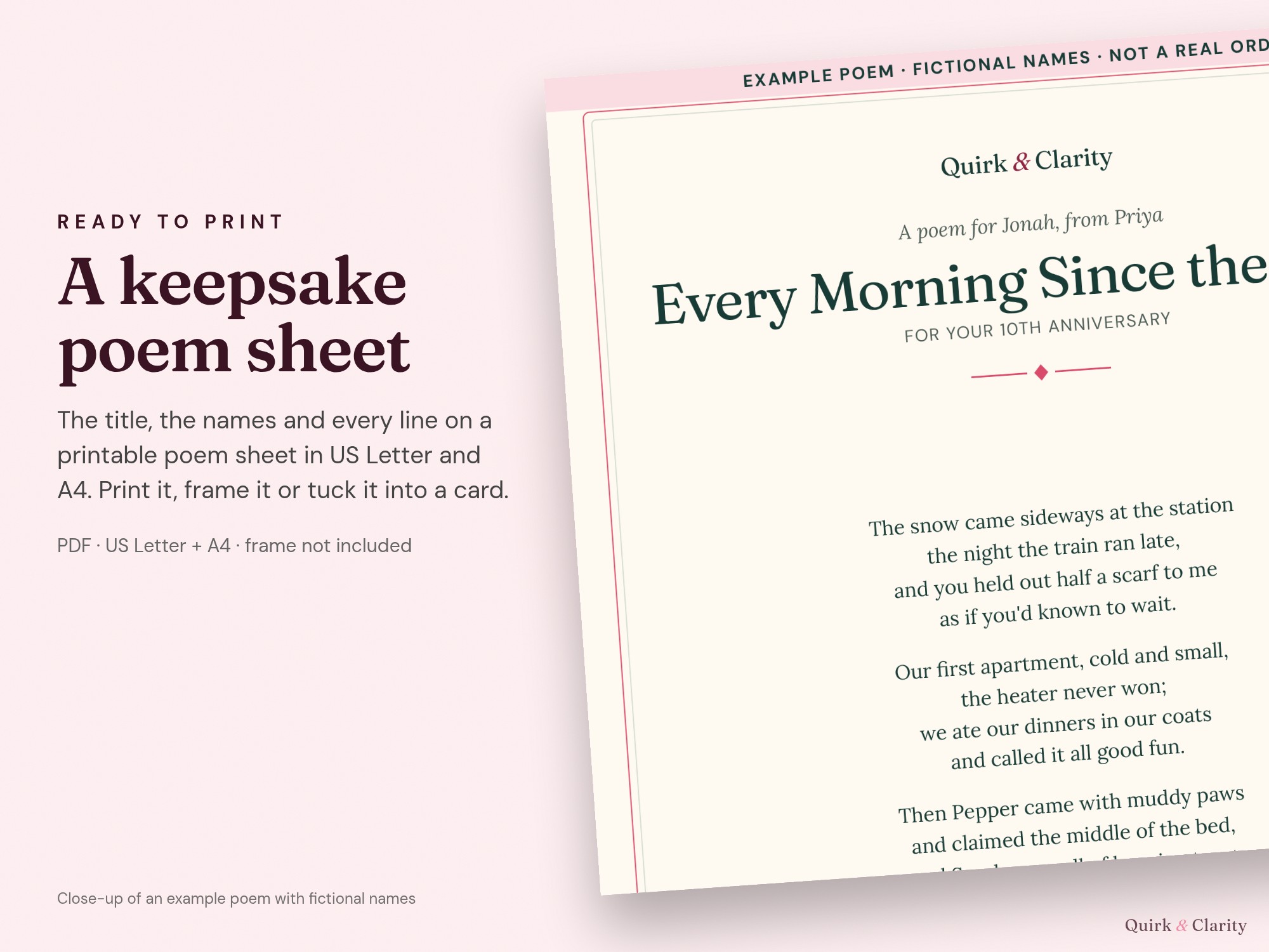 Close-up of an example Quirk & Clarity poem sheet (US Letter and A4 in one PDF) with fictional names