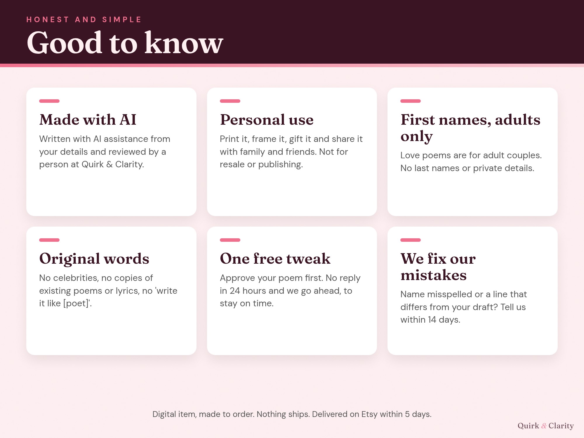 Good to know: written with AI assistance and reviewed by a person, personal use, first names only, one free tweak