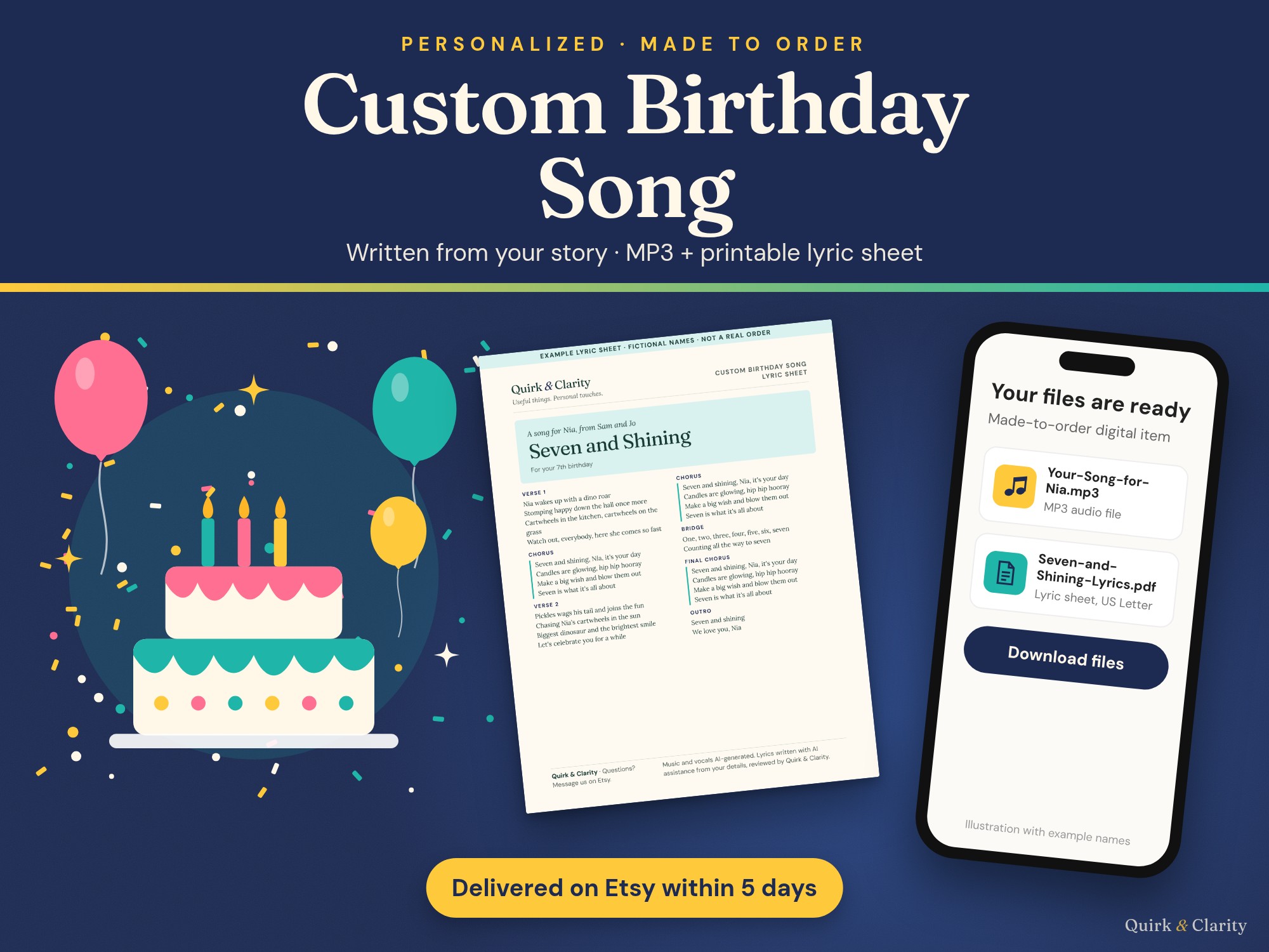 Custom Birthday Song: personalized song written from your story, delivered as an MP3 and a printable lyric sheet