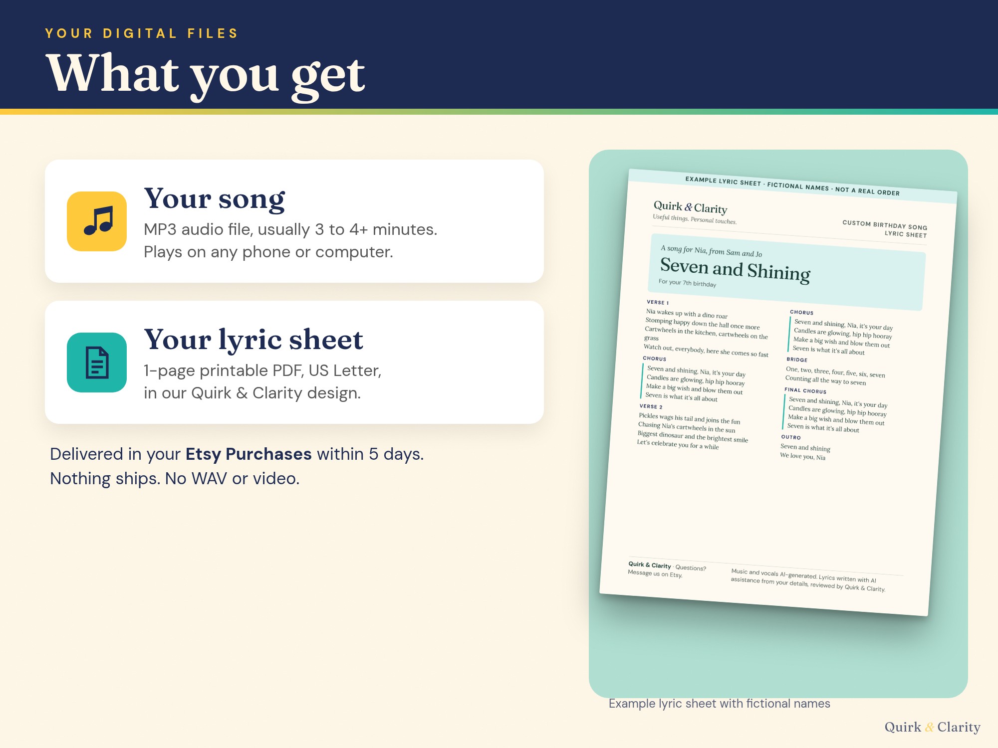 What you get: an MP3 song file, usually 3 to 4+ minutes, and a one-page printable lyric sheet PDF, example with fictional names