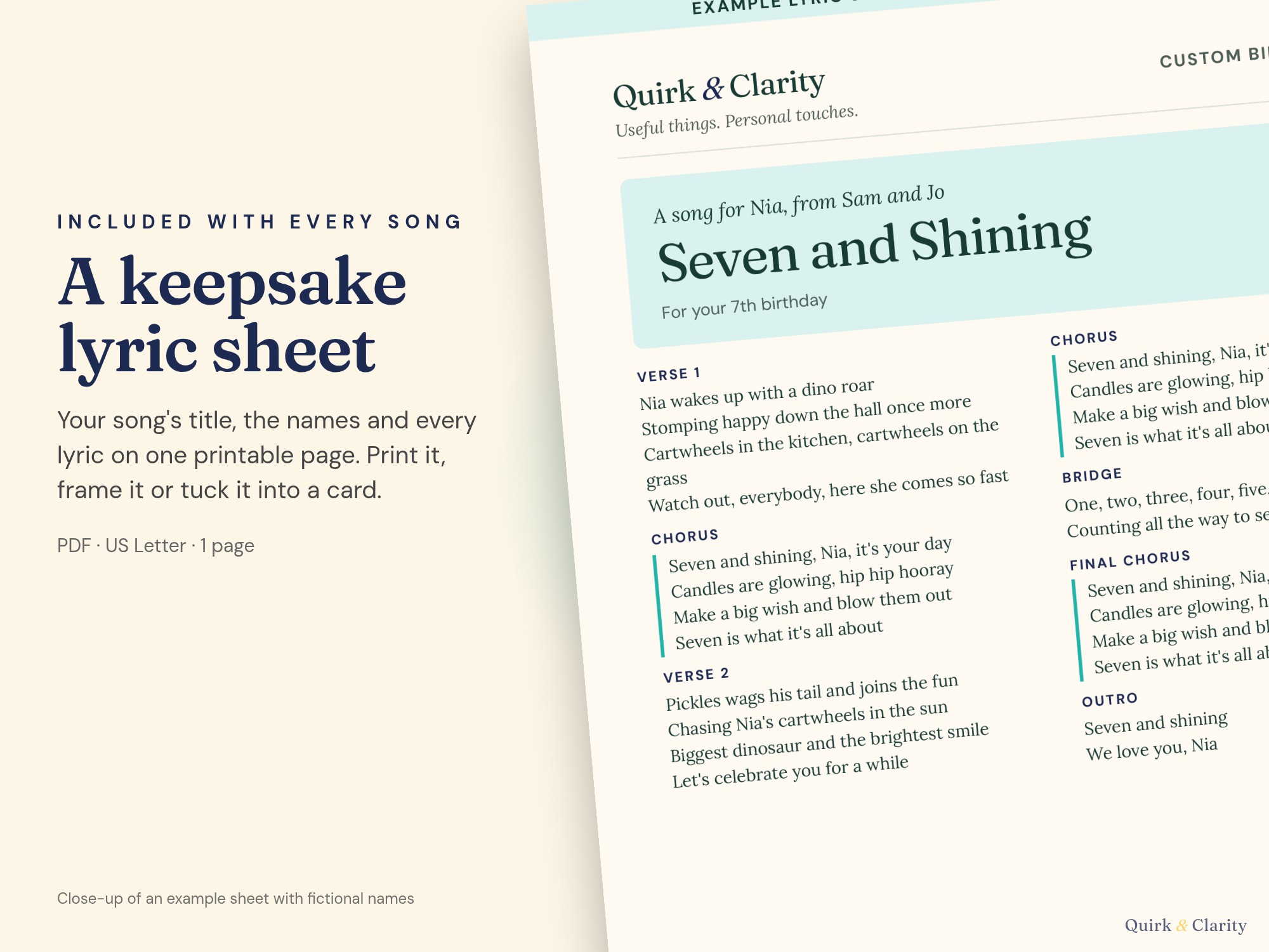Close-up of an example Quirk & Clarity lyric sheet with fictional names