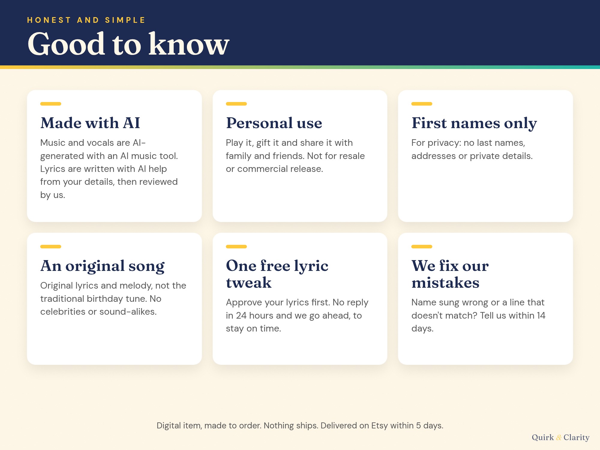 Good to know: AI-made music and vocals, personal use, first names only, one free lyric tweak