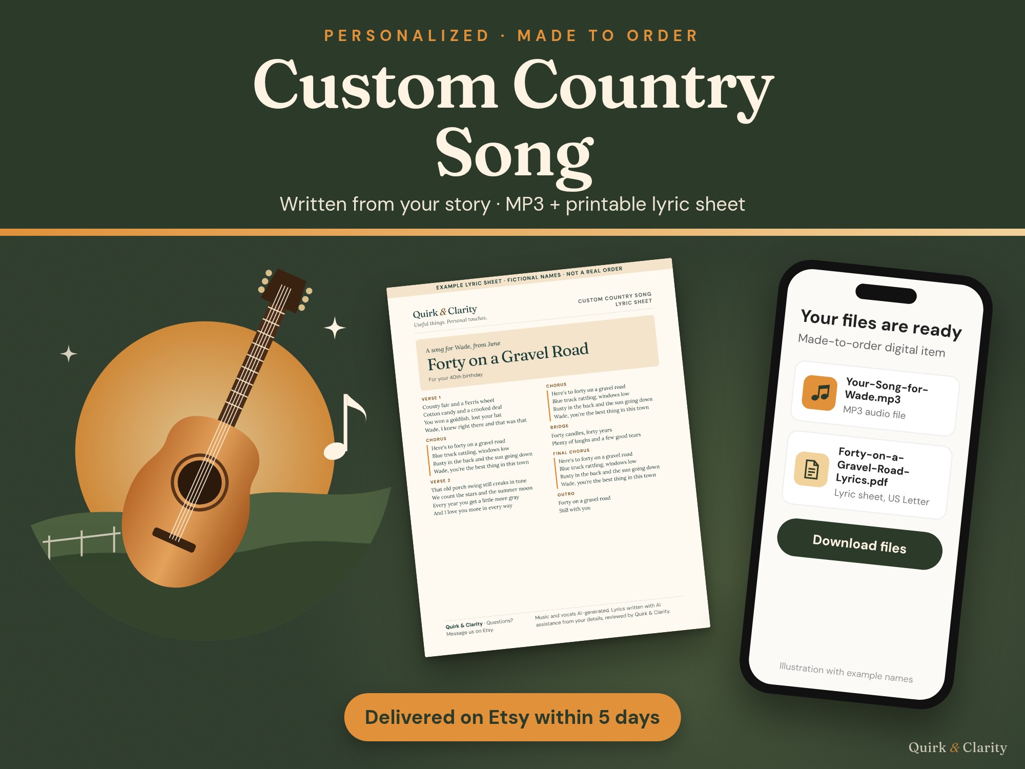 Custom Country Song: personalized song written from your story, delivered as an MP3 and a printable lyric sheet