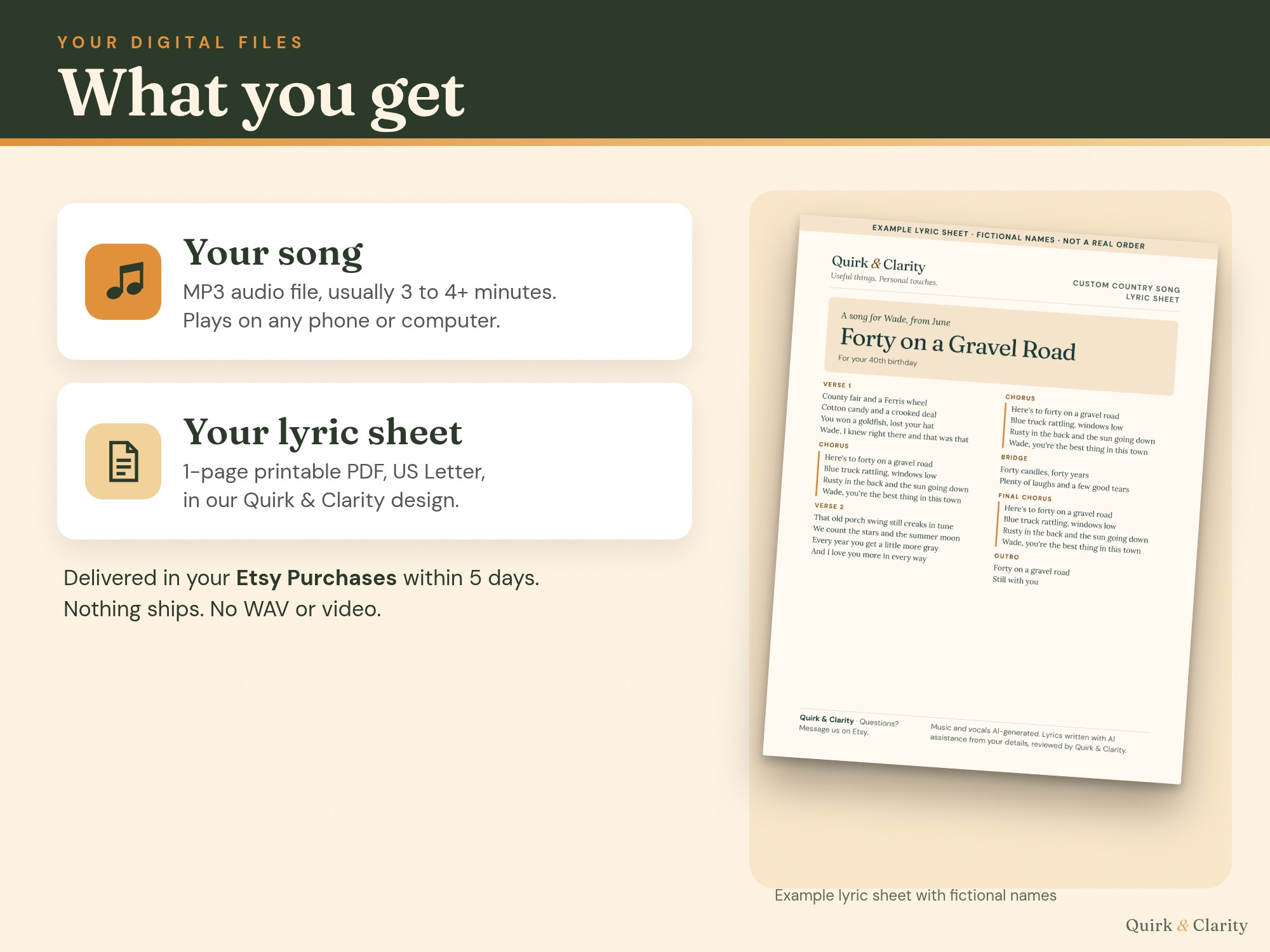 What you get: an MP3 song file, usually 3 to 4+ minutes, and a one-page printable lyric sheet PDF, example with fictional names