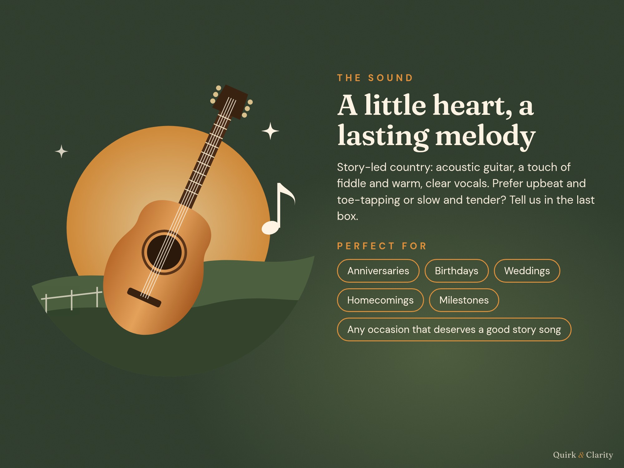 The sound: story-led country and the occasions it suits