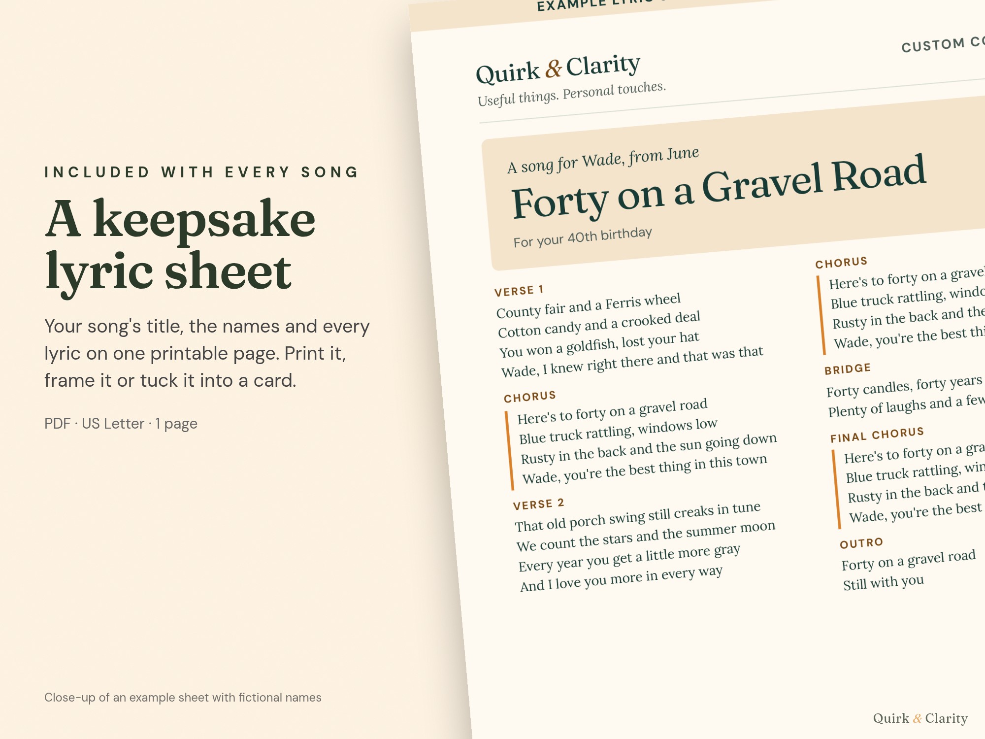 Close-up of an example Quirk & Clarity lyric sheet with fictional names