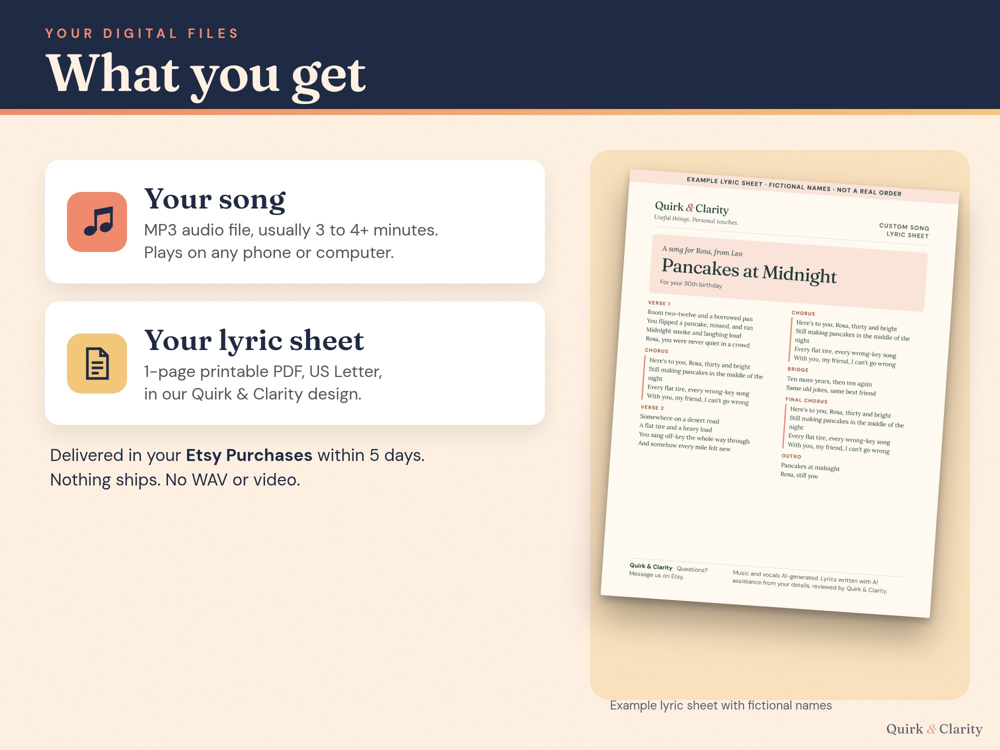 What you get: an MP3 song file, usually 3 to 4+ minutes, and a one-page printable lyric sheet PDF, example with fictional names