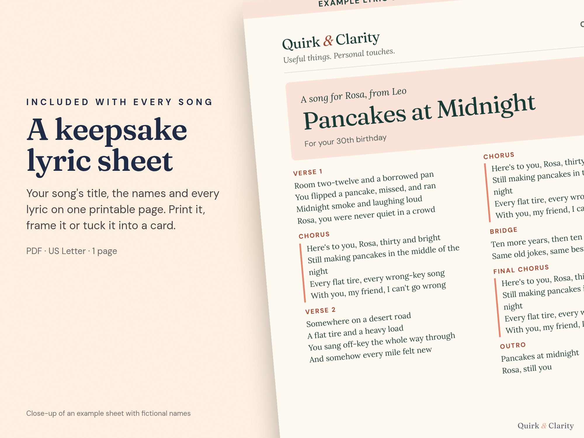 Close-up of an example Quirk & Clarity lyric sheet with fictional names