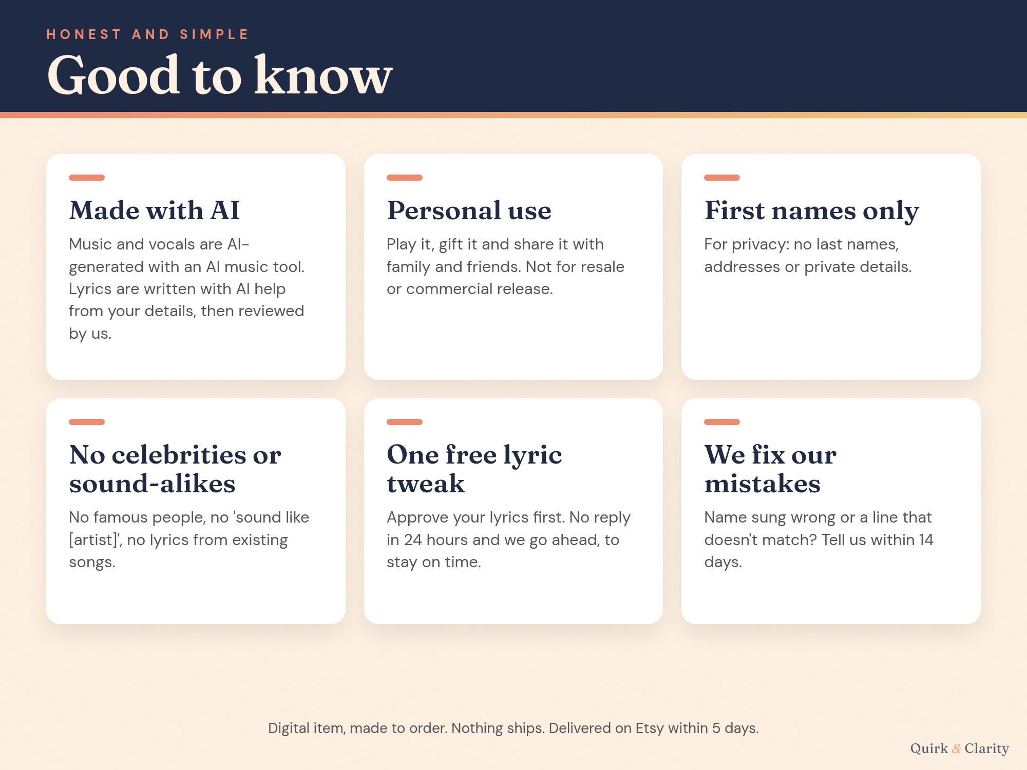 Good to know: AI-made music and vocals, personal use, first names only, one free lyric tweak