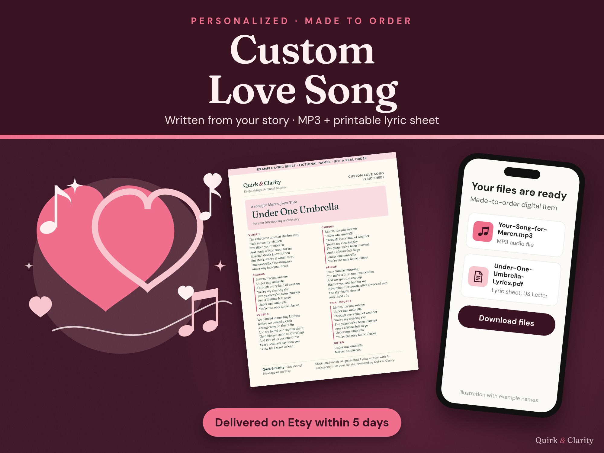 Custom Love Song: personalized song written from your story, delivered as an MP3 and a printable lyric sheet