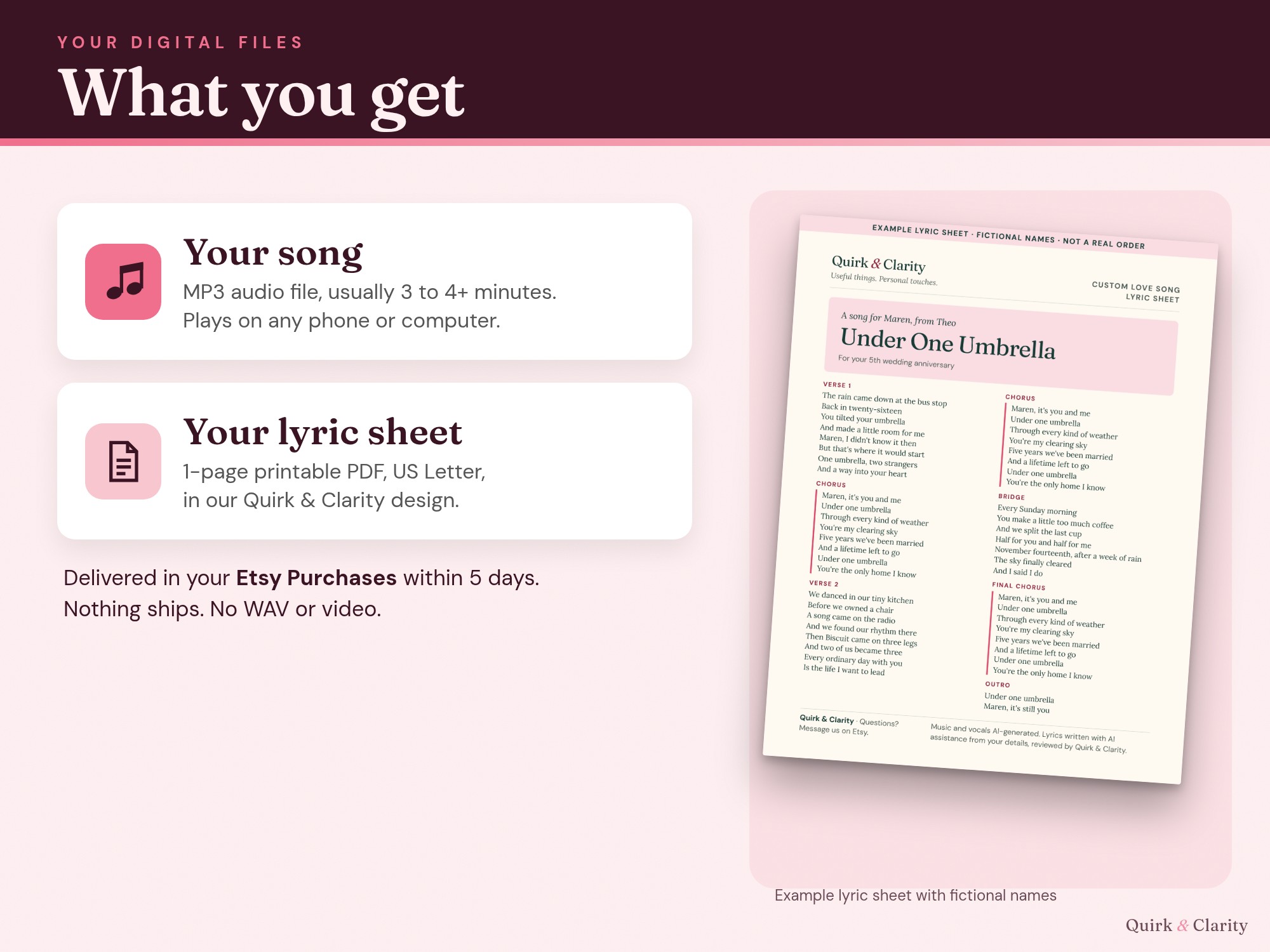 What you get: an MP3 song file, usually 3 to 4+ minutes, and a one-page printable lyric sheet PDF, example with fictional names