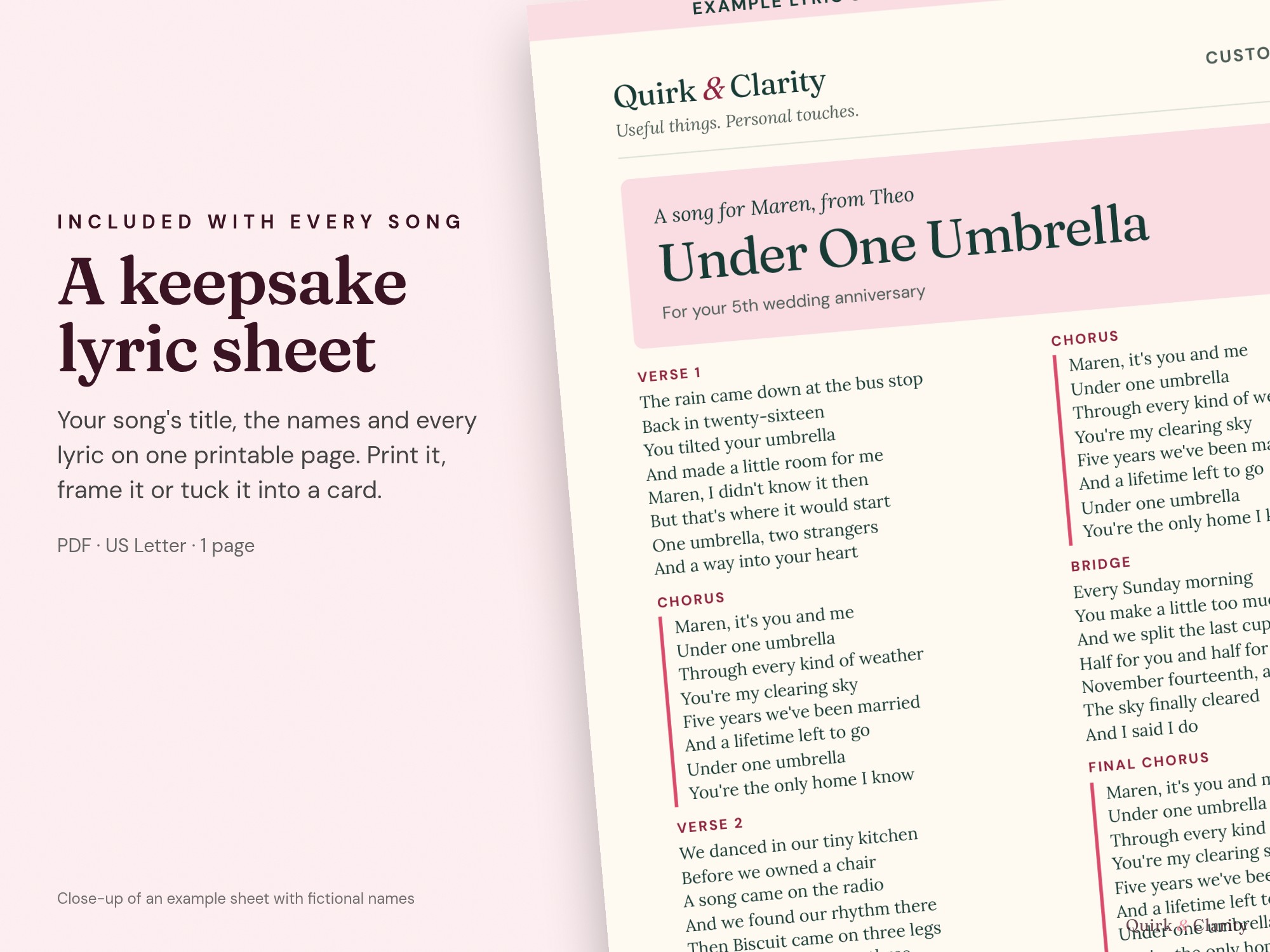 Close-up of an example Quirk & Clarity lyric sheet with fictional names