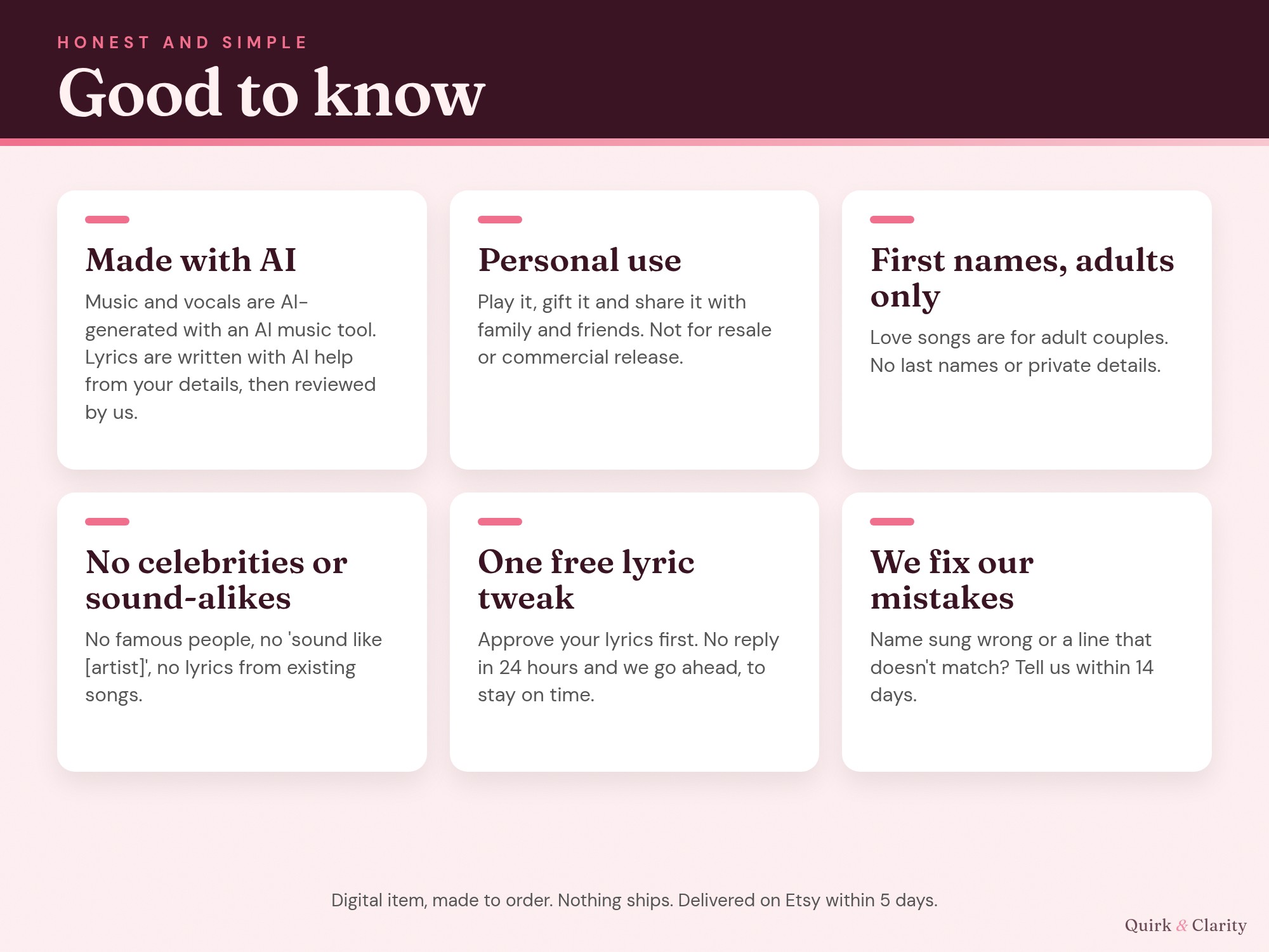 Good to know: AI-made music and vocals, personal use, first names only, one free lyric tweak