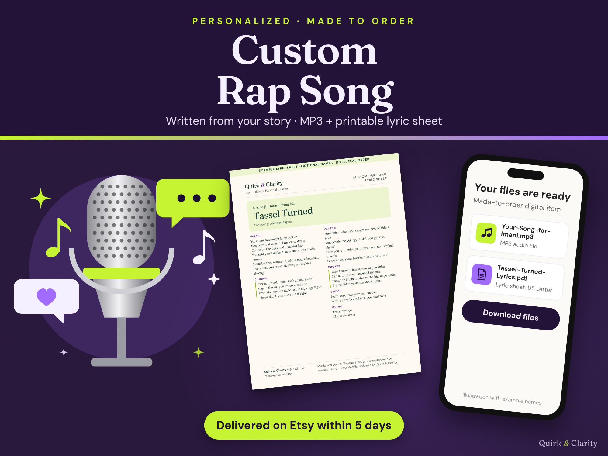 Custom Rap Song: personalized song written from your story, delivered as an MP3 and a printable lyric sheet