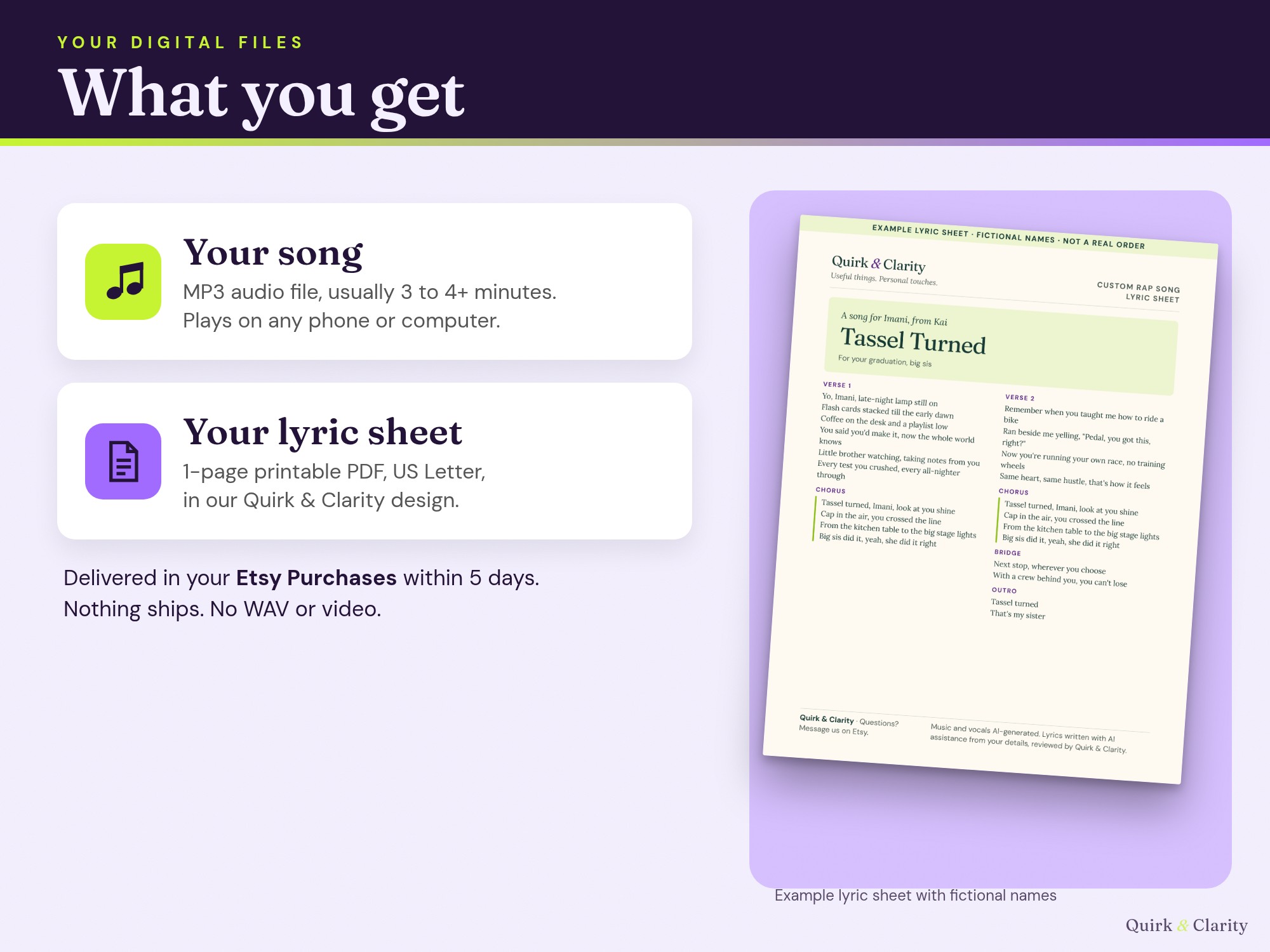 What you get: an MP3 song file, usually 3 to 4+ minutes, and a one-page printable lyric sheet PDF, example with fictional names
