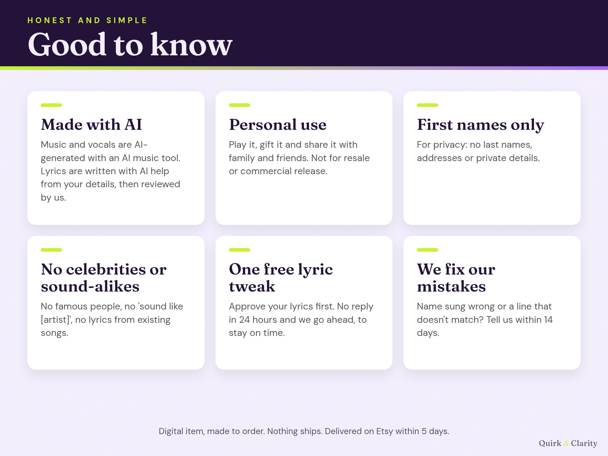 Good to know: AI-made music and vocals, personal use, first names only, one free lyric tweak