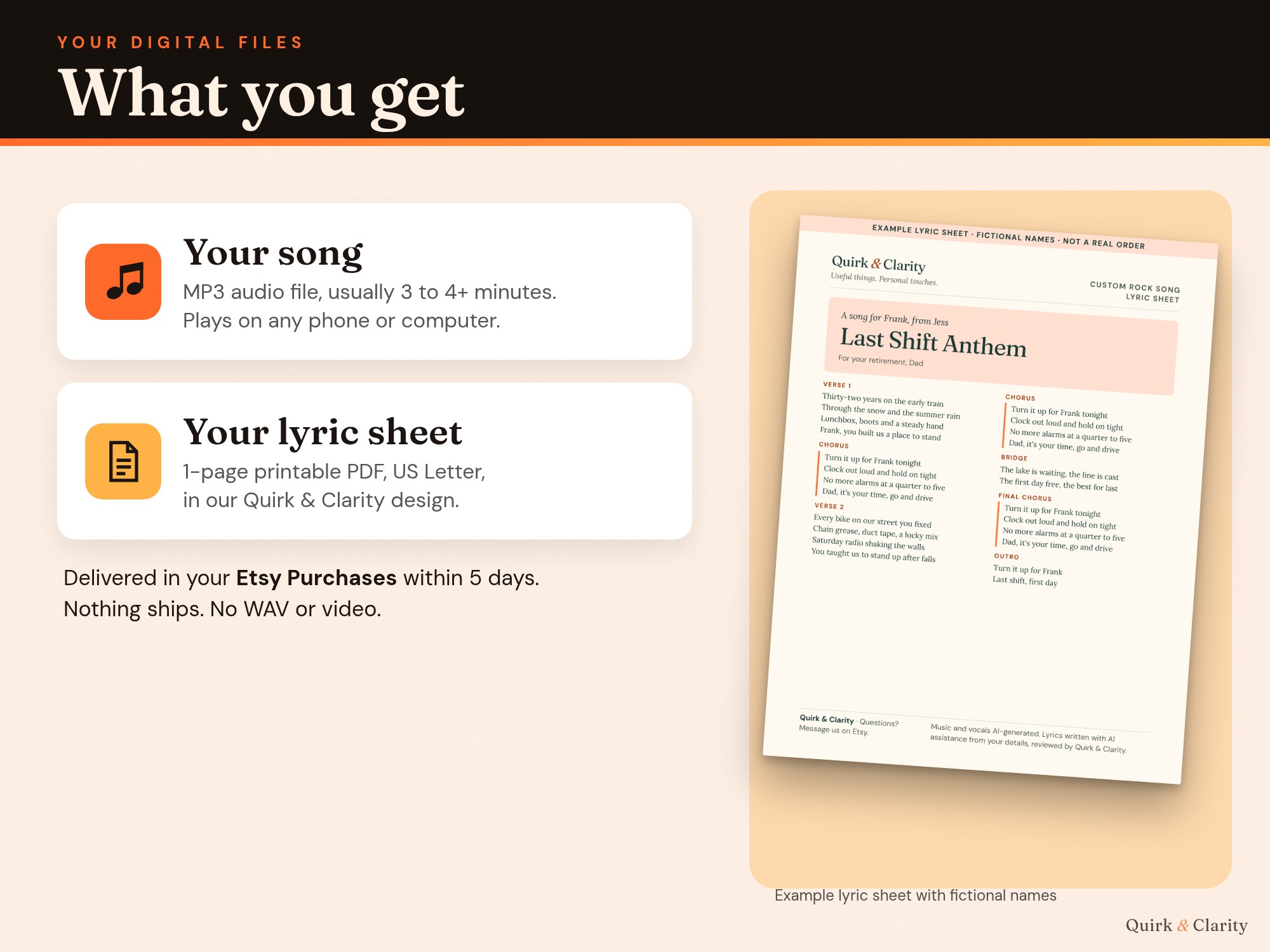 What you get: an MP3 song file, usually 3 to 4+ minutes, and a one-page printable lyric sheet PDF, example with fictional names