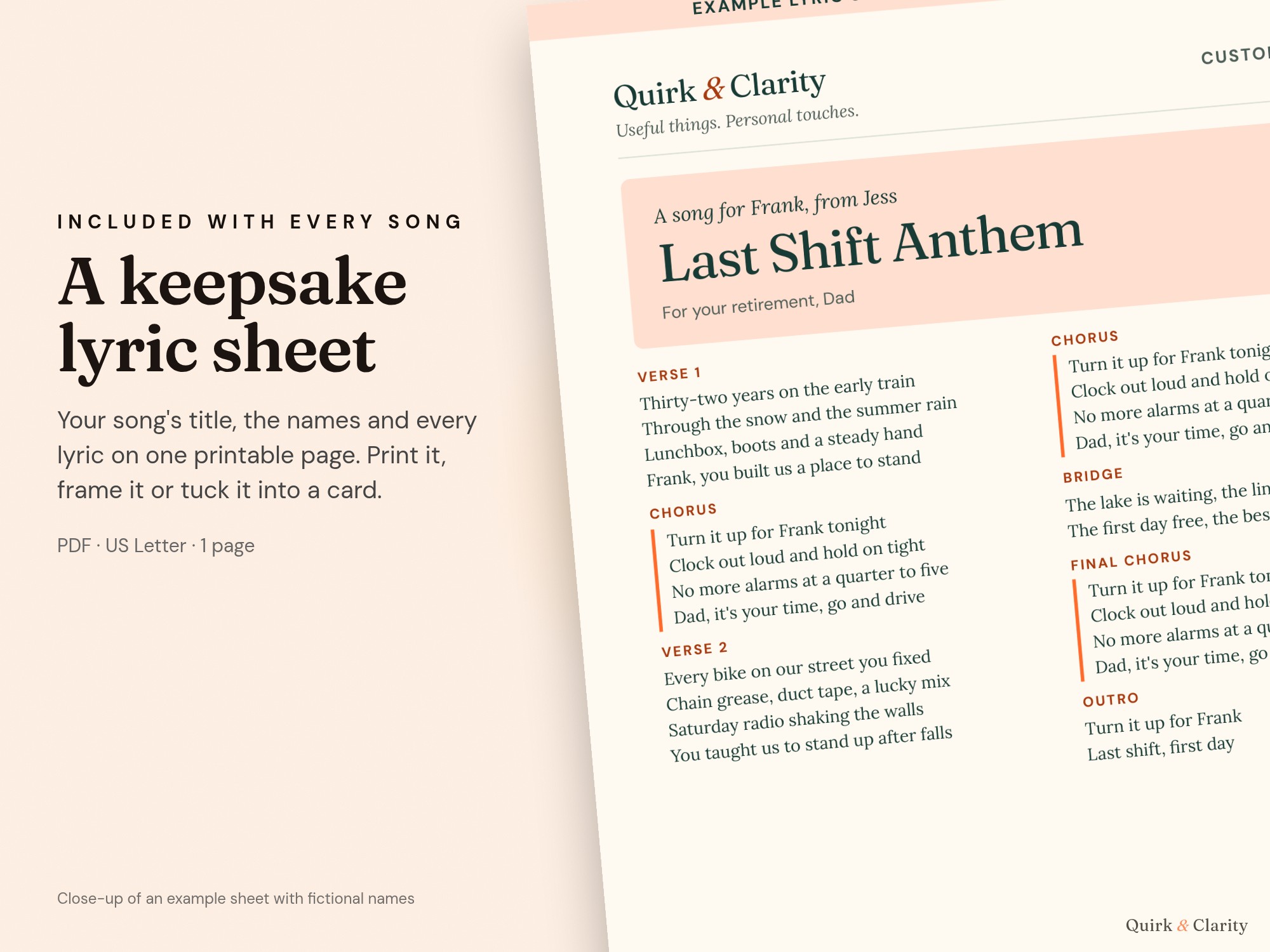 Close-up of an example Quirk & Clarity lyric sheet with fictional names
