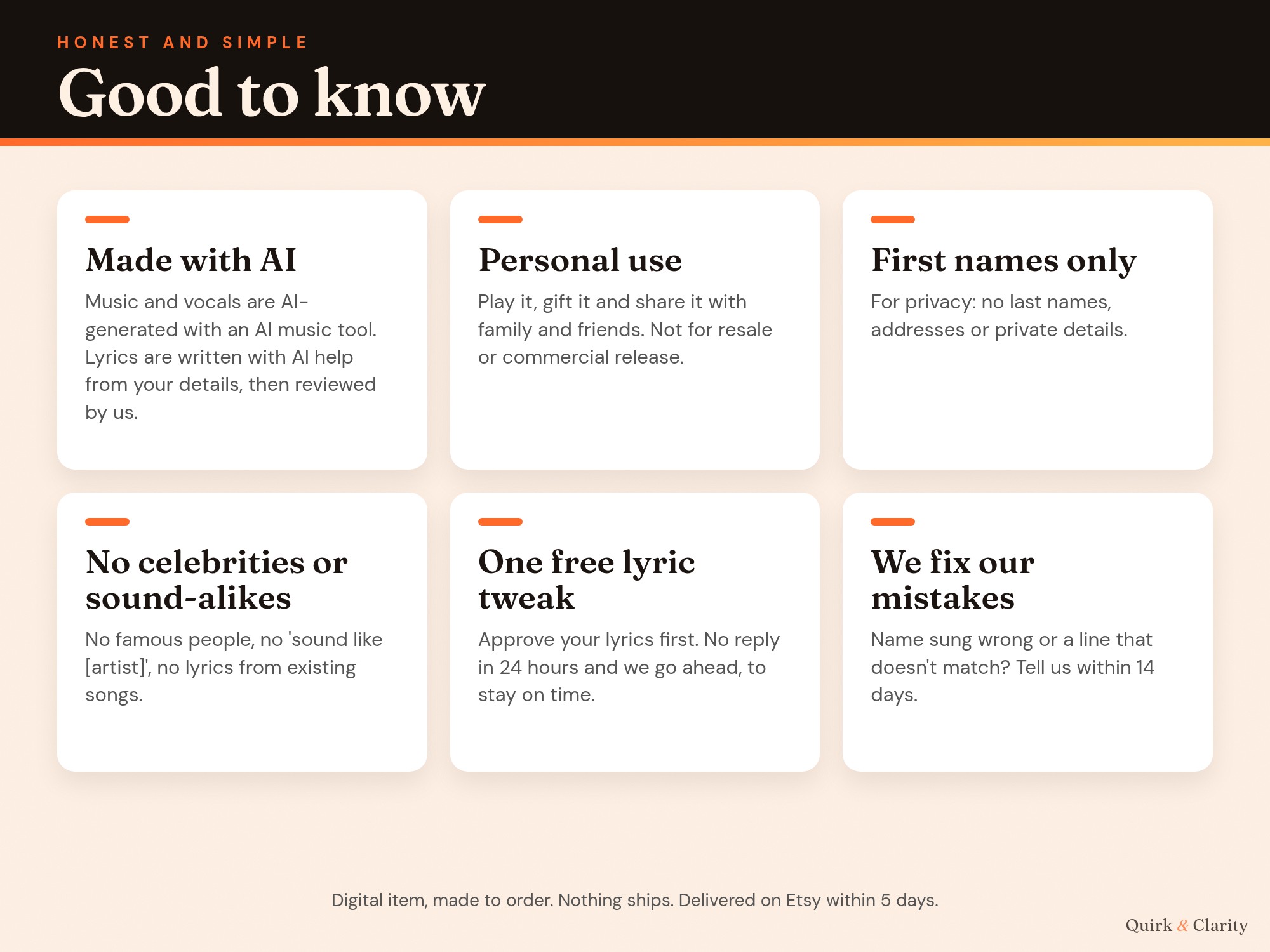 Good to know: AI-made music and vocals, personal use, first names only, one free lyric tweak